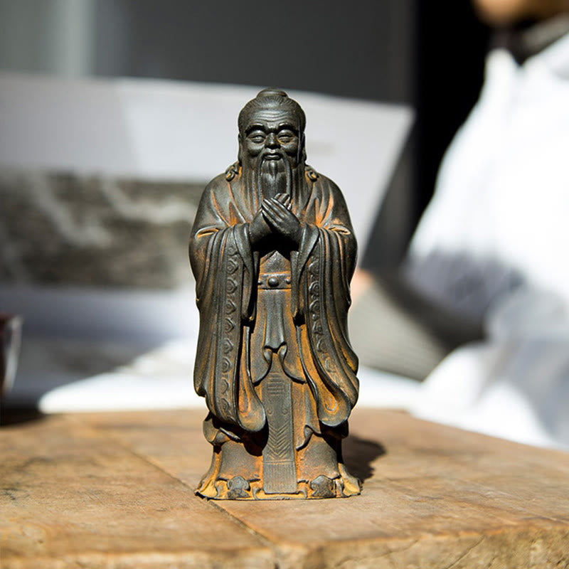 Handmade 14cm Confucius Spiritual Iron Powder Resin Statue