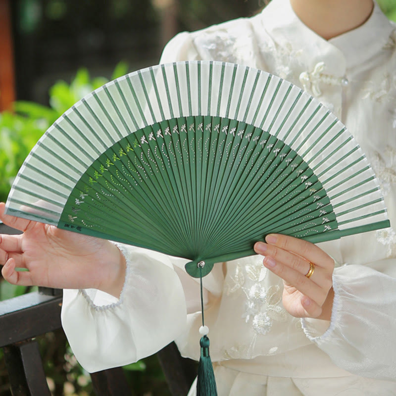 Chinese Folding Fan Dragonfly Mulberry Silk 23cm
