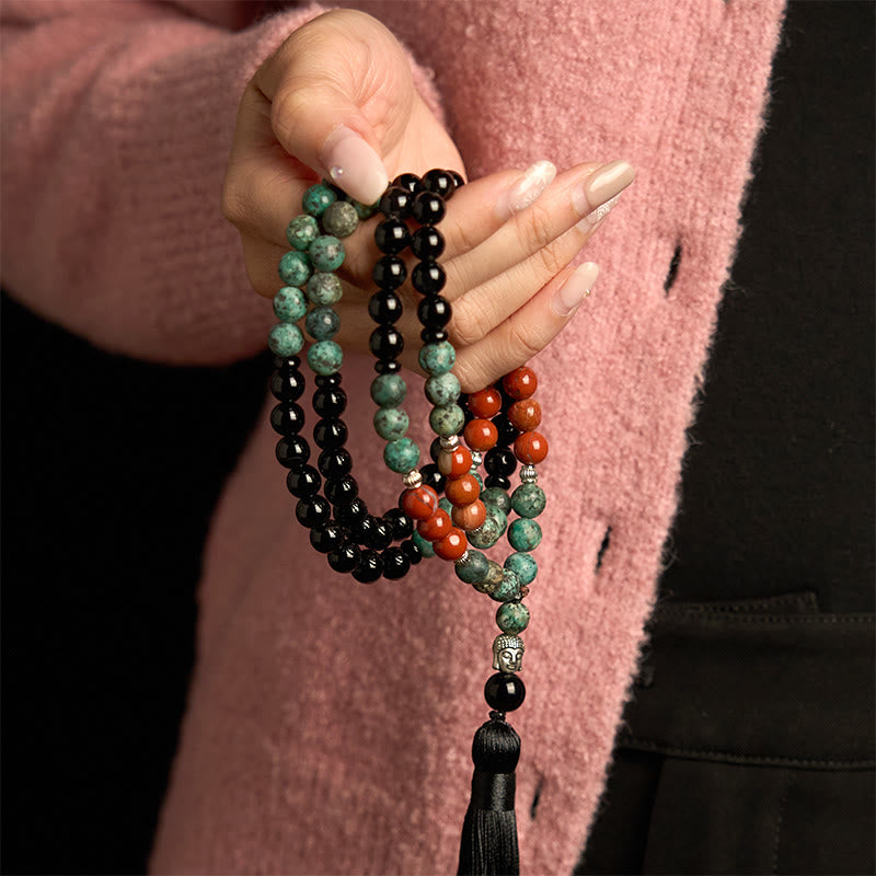108 Bead Black Onyx Red Jasper Turquoise Gemstone Mala Bracelet