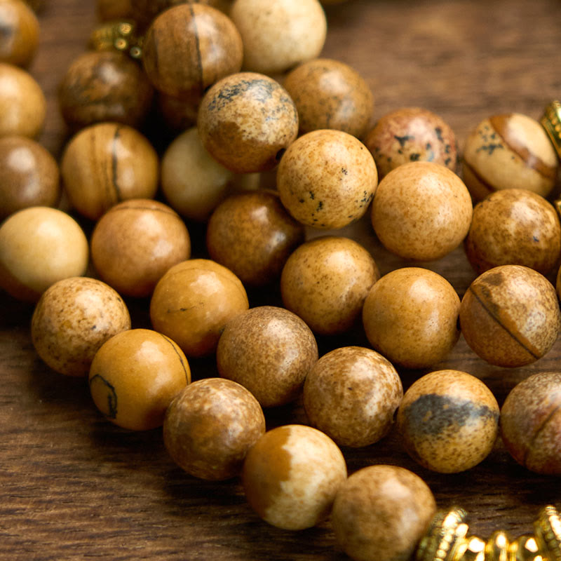 8mm Picture Jasper Courage Mala Bracelet Lotus Charm