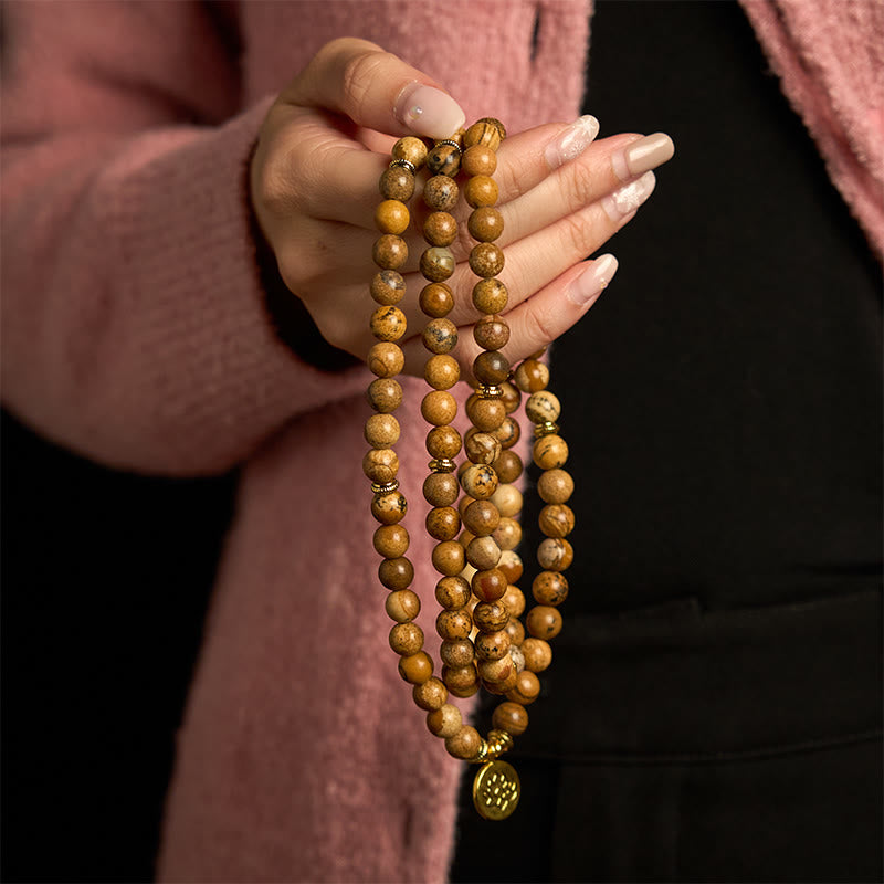 8mm Picture Jasper Courage Mala Bracelet Lotus Charm