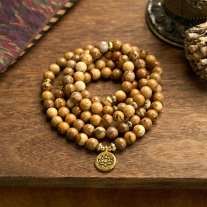 8mm Picture Jasper Courage Mala Bracelet Lotus Charm