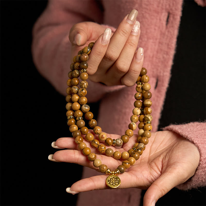 8mm Picture Jasper Courage Mala Bracelet Lotus Charm