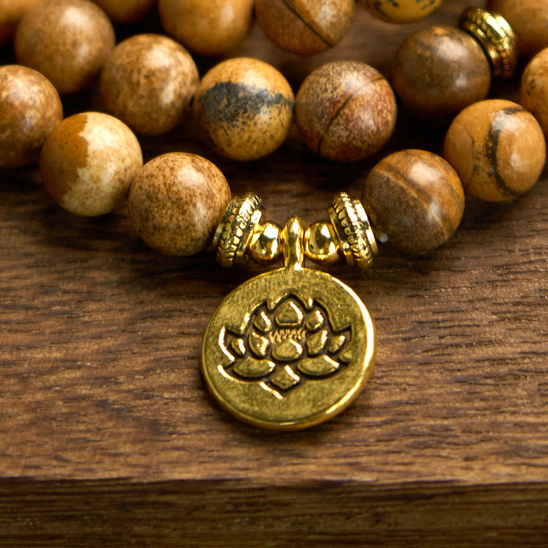 8mm Picture Jasper Courage Mala Bracelet Lotus Charm