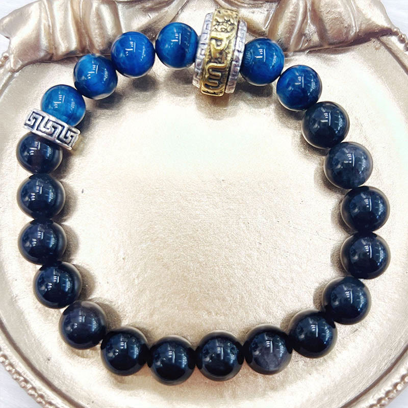 8mm Silver Sheen Obsidian Protection Bracelet with Blue Tiger Eye