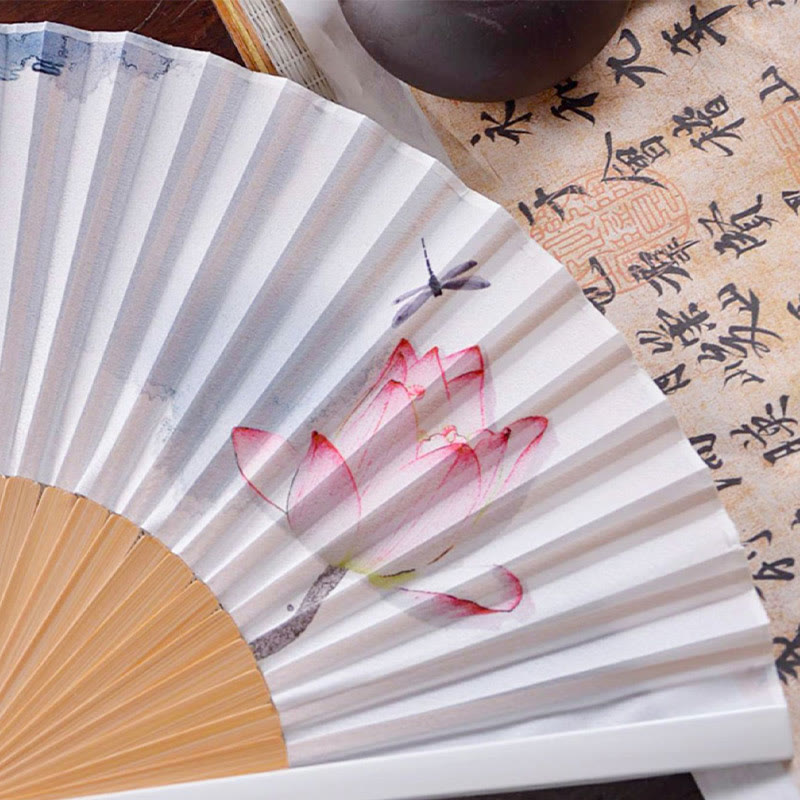 23.3cm Chinese Folding Fan Lotus Ink Painting with Bamboo Frame