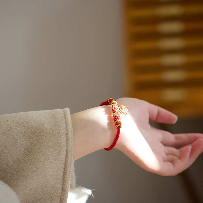 Gold Plated Copper Red String Shi Lai Yun Zhuan Bracelet 14-18cm