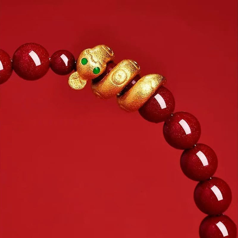 8mm Cinnabar Hetian Jade Snake Year Bracelet for Spiritual Protection