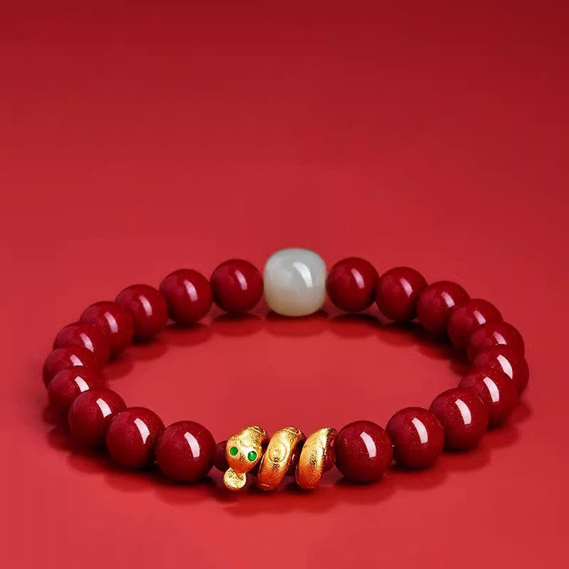 8mm Cinnabar Hetian Jade Snake Year Bracelet for Spiritual Protection