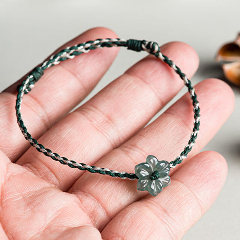 Green Jade Orchid Prosperity Bracelet with Braided String
