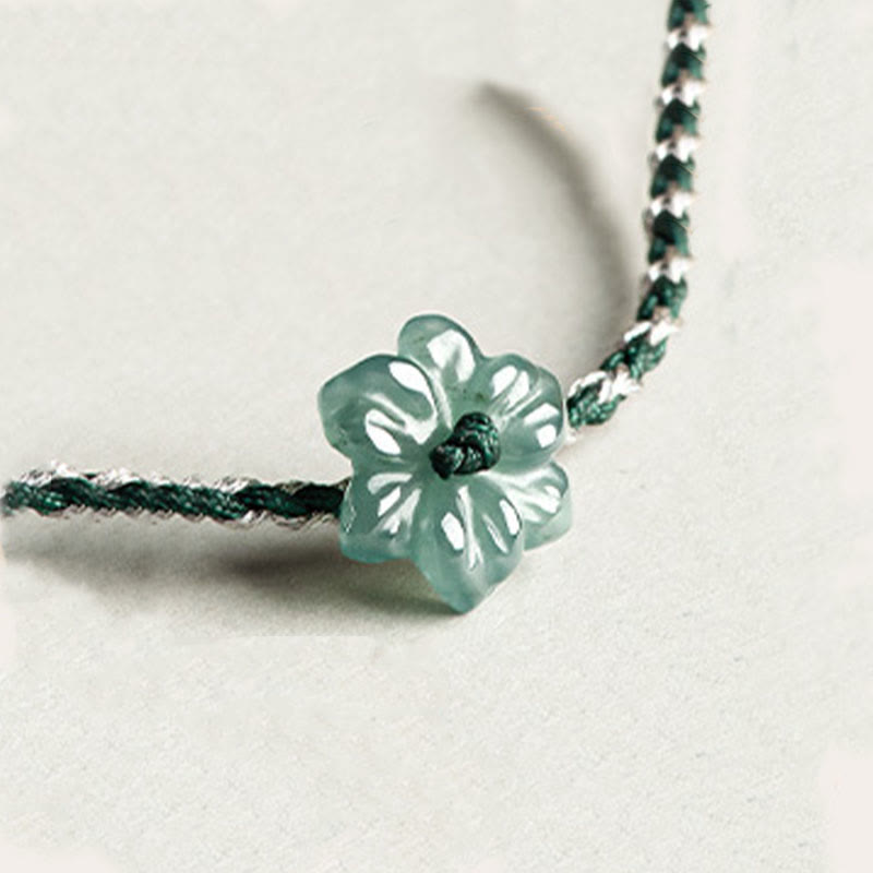 Green Jade Orchid Prosperity Bracelet with Braided String