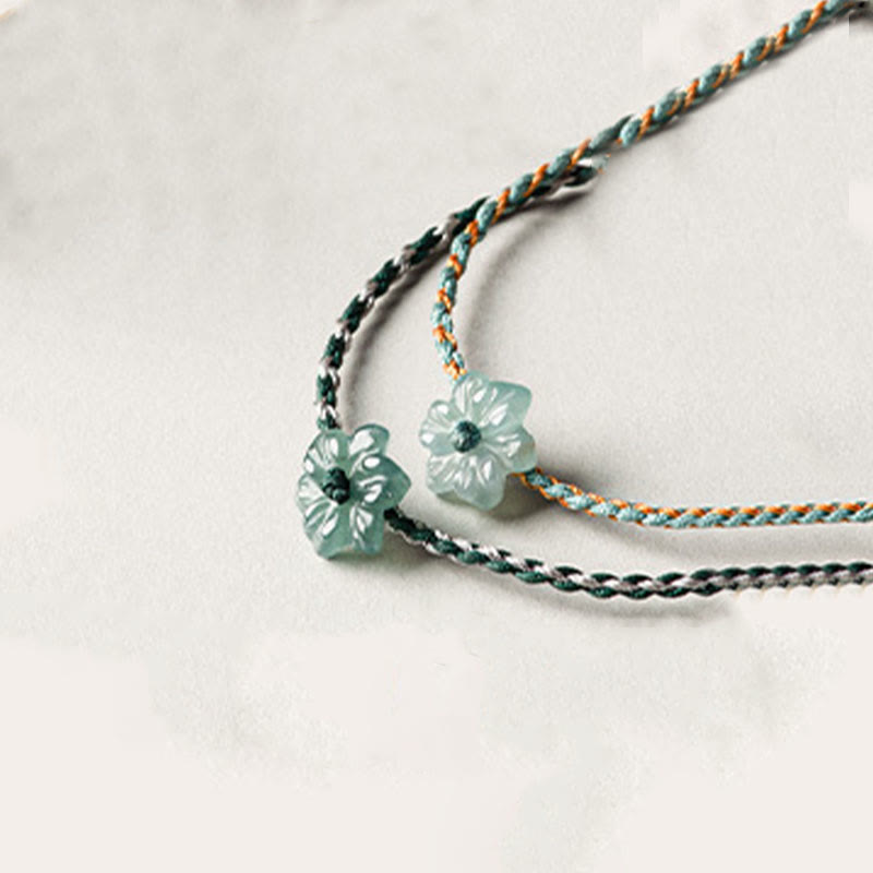 Green Jade Orchid Prosperity Bracelet with Braided String