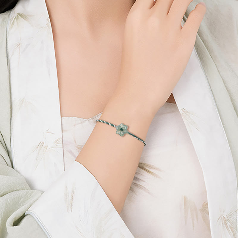 Green Jade Orchid Prosperity Bracelet with Braided String