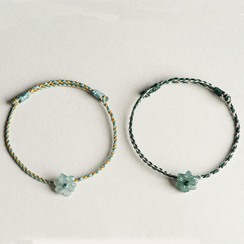 Green Jade Orchid Prosperity Bracelet with Braided String