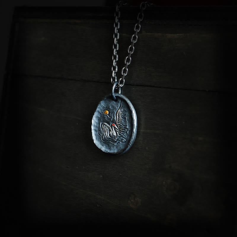 999 Sterling Silver 24k Gold Crane Auspicious Clouds Pendant