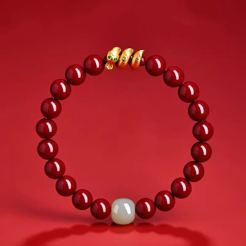 8mm Cinnabar Hetian Jade Snake Year Bracelet for Spiritual Protection