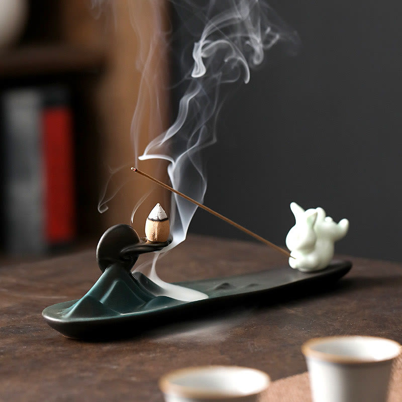 Moon Rabbit Ceramic Incense Burner for Meditation Harmony