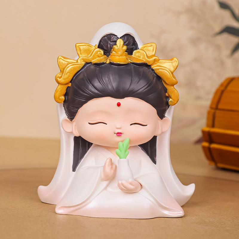 Meditation Avalokitesvara Resin Statue with Boy and Girl Figurines