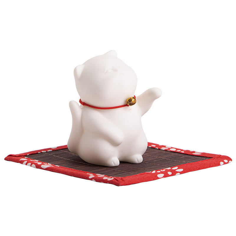 Cat Bell Ceramic Incense Burner with Bamboo Mat for Meditation