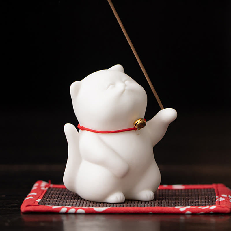 Cat Bell Ceramic Incense Burner with Bamboo Mat for Meditation