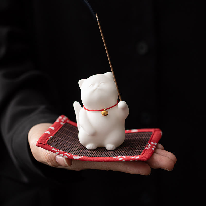 Cat Bell Ceramic Incense Burner with Bamboo Mat for Meditation