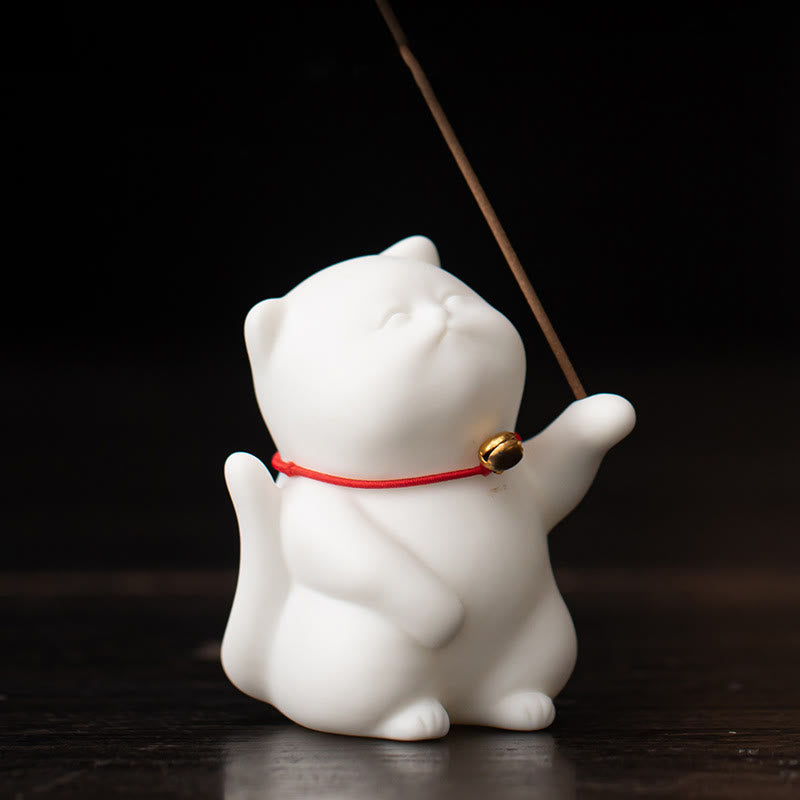 Cat Bell Ceramic Incense Burner with Bamboo Mat for Meditation