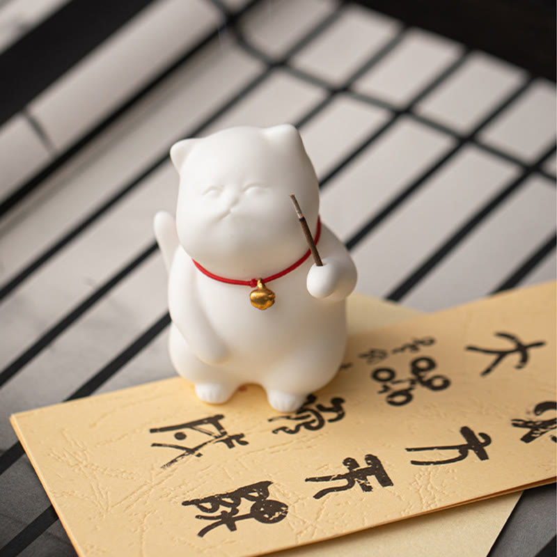 Cat Bell Ceramic Incense Burner with Bamboo Mat for Meditation