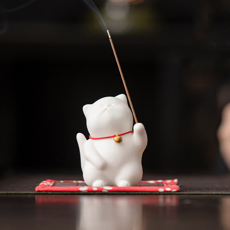 Cat Bell Ceramic Incense Burner with Bamboo Mat for Meditation