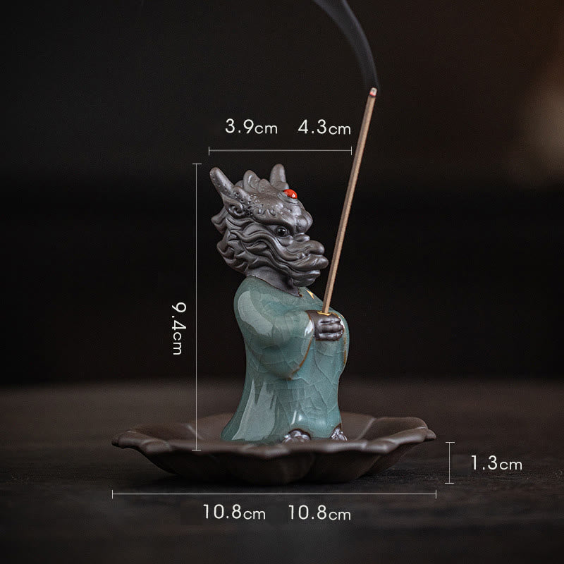 Ceramic Dragon Incense Burner with Lotus Base and Fu Symbol