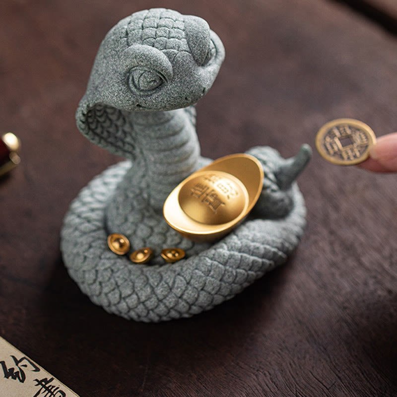 Gold Ingot Snake Chinese Zodiac Home Decoration 10x8.7cm