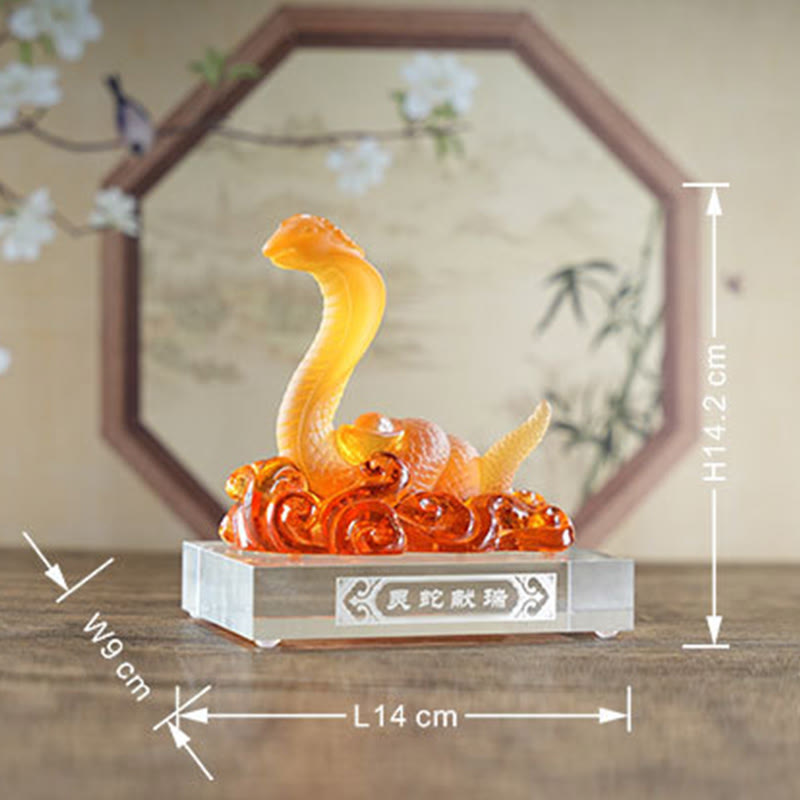 Liuli Glass Snake Ingot Spiritual Statue 14cm Feng Shui Art