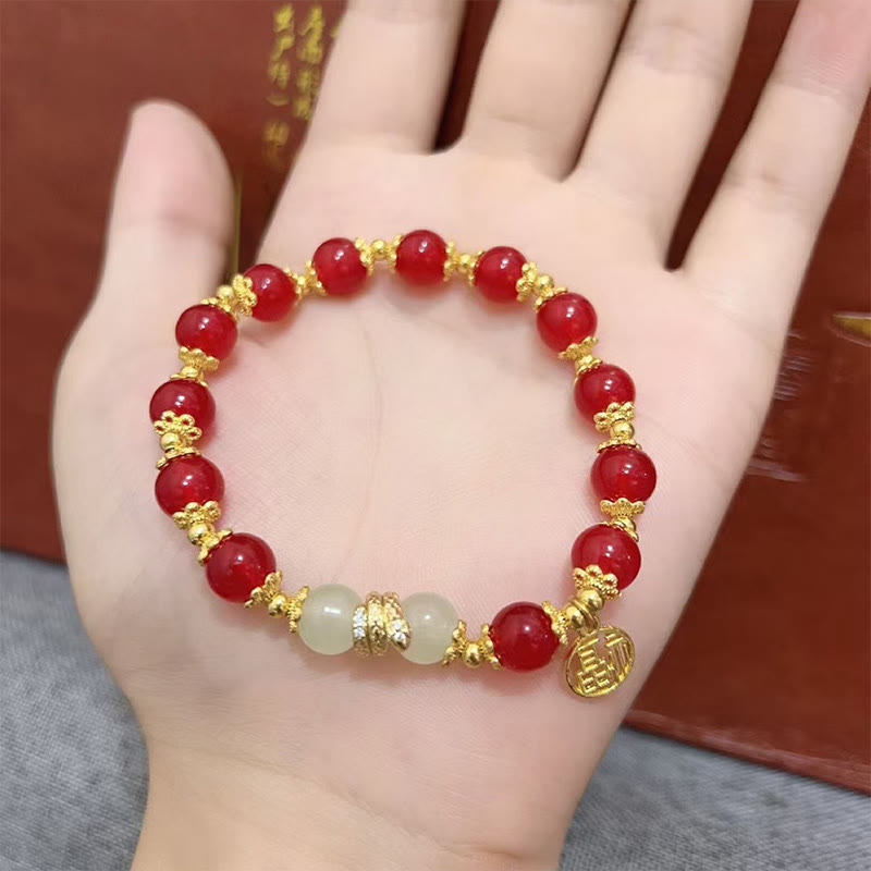 Red Agate Jade Fu Character Bracelet for Year of the Snake Calm Energy