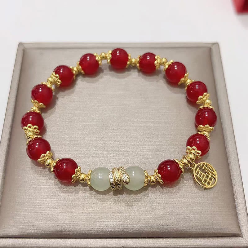 Red Agate Jade Fu Character Bracelet for Year of the Snake Calm Energy