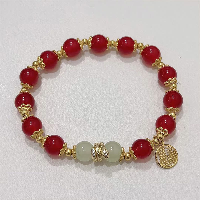 Red Agate Jade Fu Character Bracelet for Year of the Snake Calm Energy