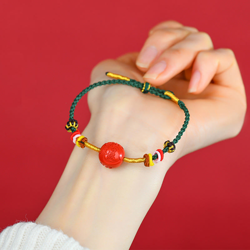 14mm Cinnabar Blessing Bracelet with Green String for Balance