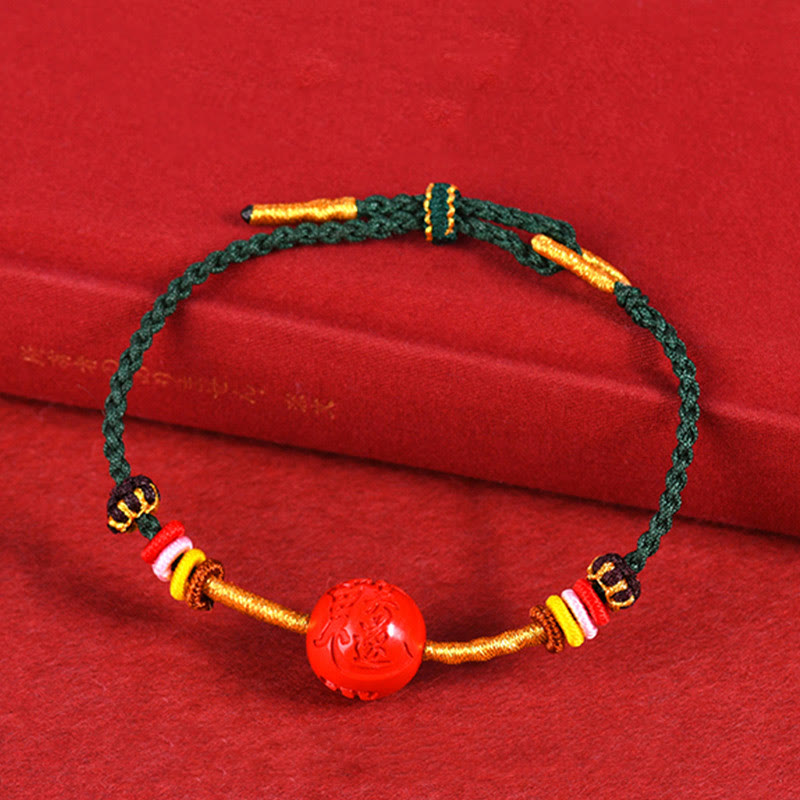 14mm Cinnabar Blessing Bracelet with Green String for Balance