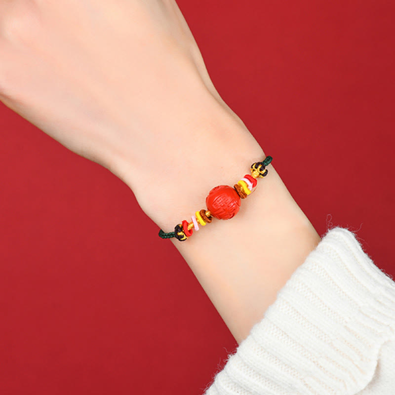 14mm Cinnabar Blessing Bracelet with Green String for Balance