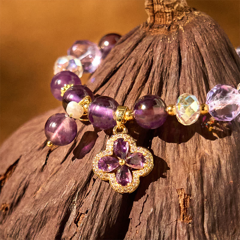Natural Amethyst Spiritual Healing Bracelet with Four Leaf Clover Charm