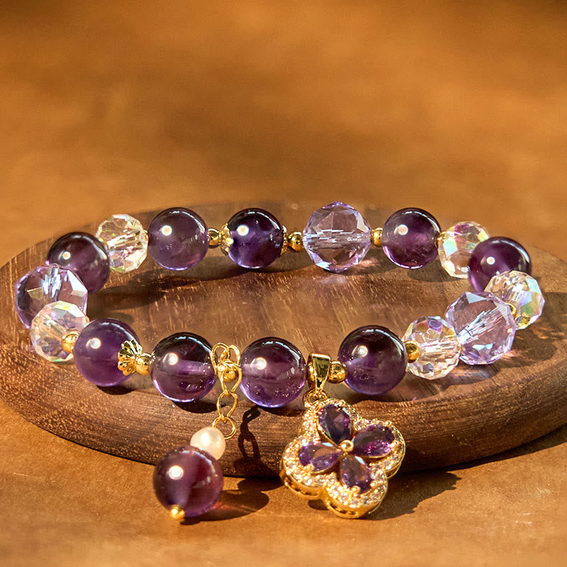 Natural Amethyst Spiritual Healing Bracelet with Four Leaf Clover Charm