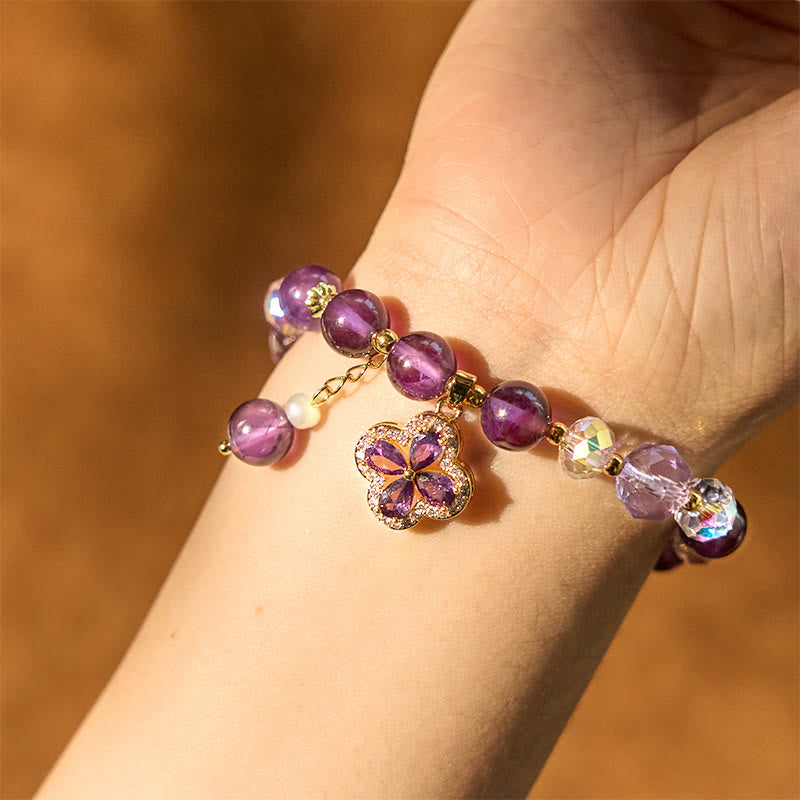 Natural Amethyst Spiritual Healing Bracelet with Four Leaf Clover Charm