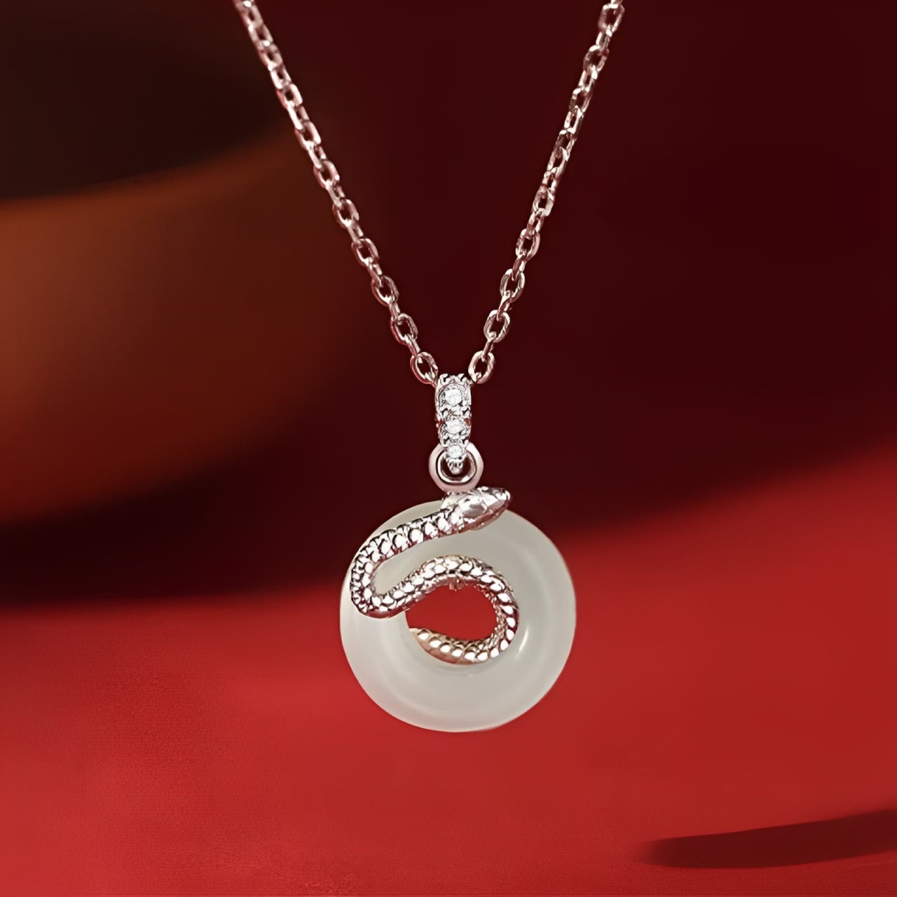 925 Sterling Silver Hetian Jade Peace Buckle Snake Year Necklace
