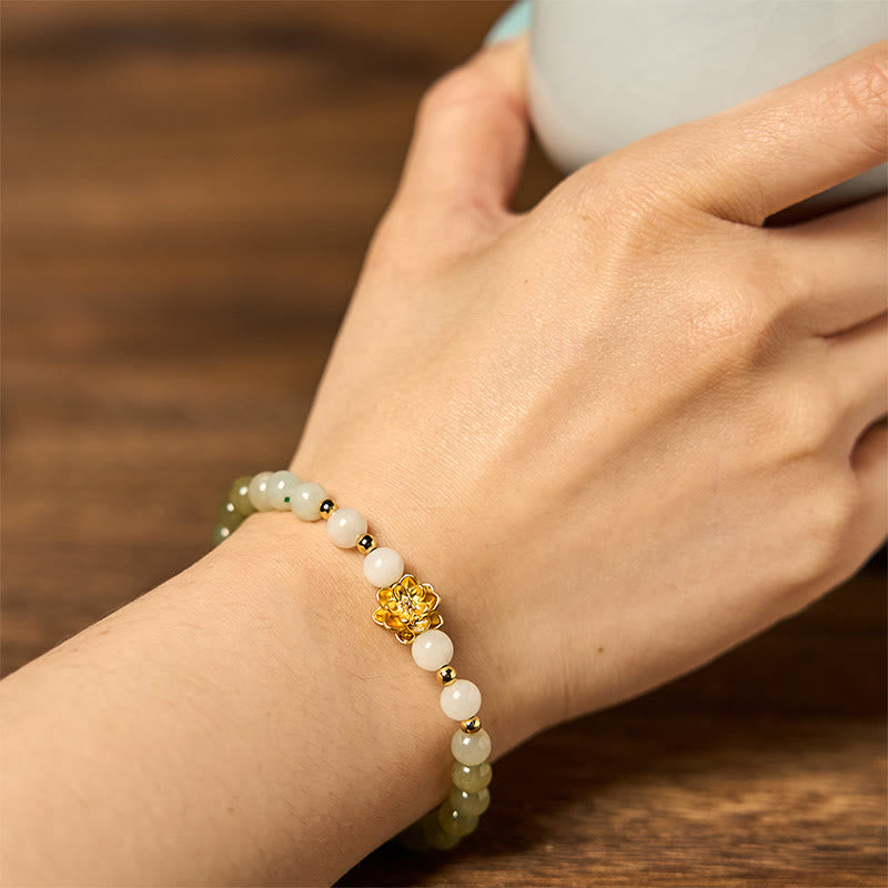 8mm Natural Hetian Jade Gradient Lotus Abundance Bracelet