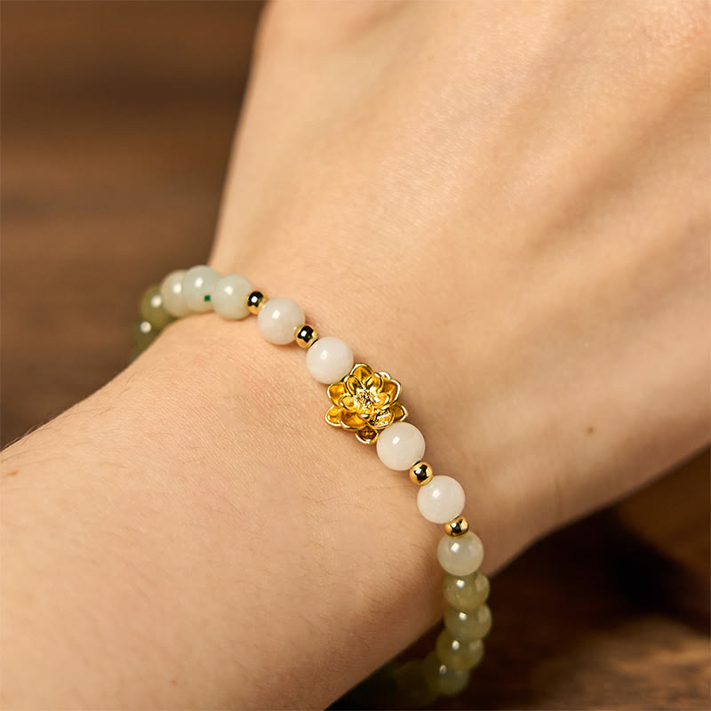 8mm Natural Hetian Jade Gradient Lotus Abundance Bracelet