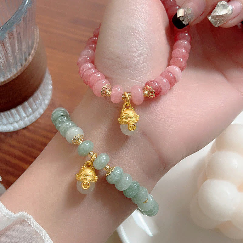 8mm Strawberry Quartz Cyan Jade Lucky Cat Healing Bracelet