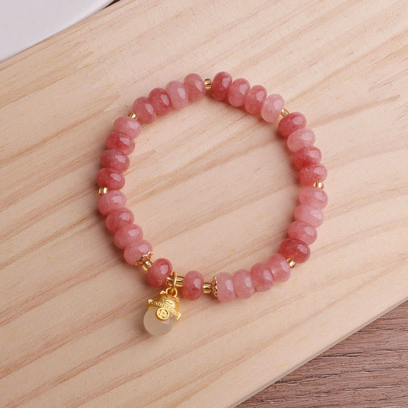 8mm Strawberry Quartz Cyan Jade Lucky Cat Healing Bracelet