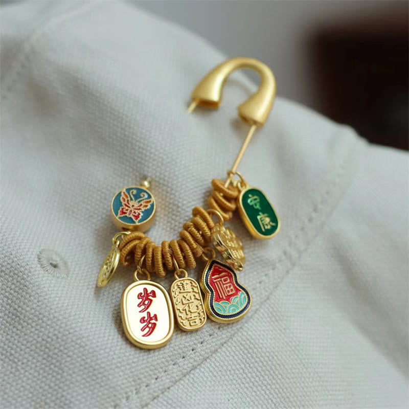 20x58mm Fu Character Brass Butterfly Fortune Brooch