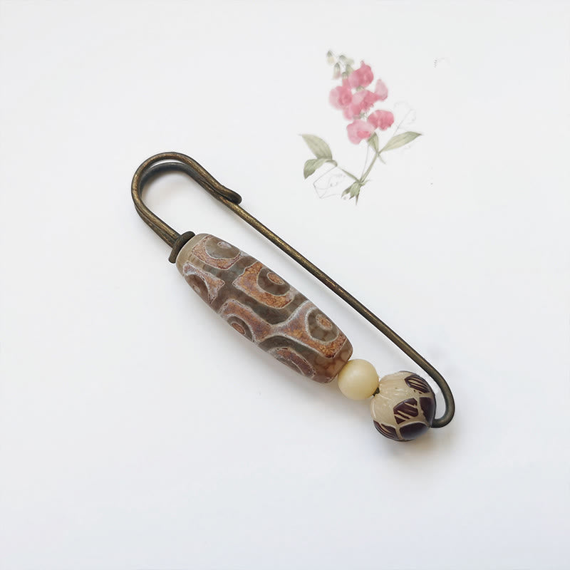 Nine-Eye Dzi Bead Bodhi Seed Lotus Protection Brooch