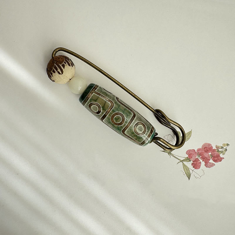 Nine-Eye Dzi Bead Bodhi Seed Lotus Protection Brooch