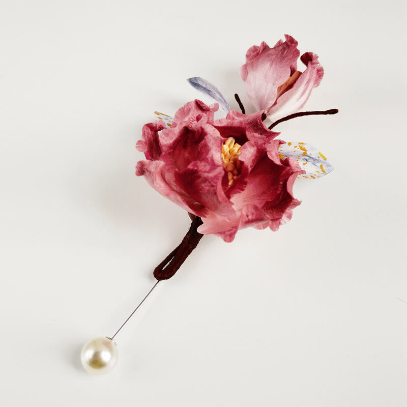 Mulberry Silk Red Flower Brooch for Spiritual Energy
