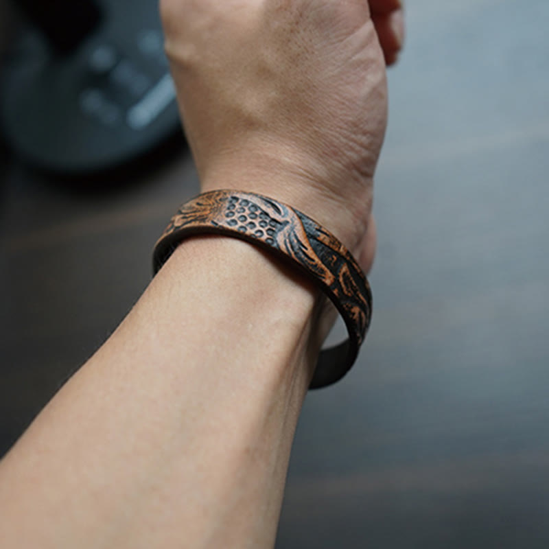 Vintage Printed Leather Spiritual Bracelet with Copper Balance